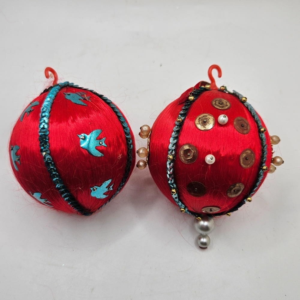 Vintage Pair Satin Thread Wrapped Christmas Ornaments Birds & Beaded Handmade